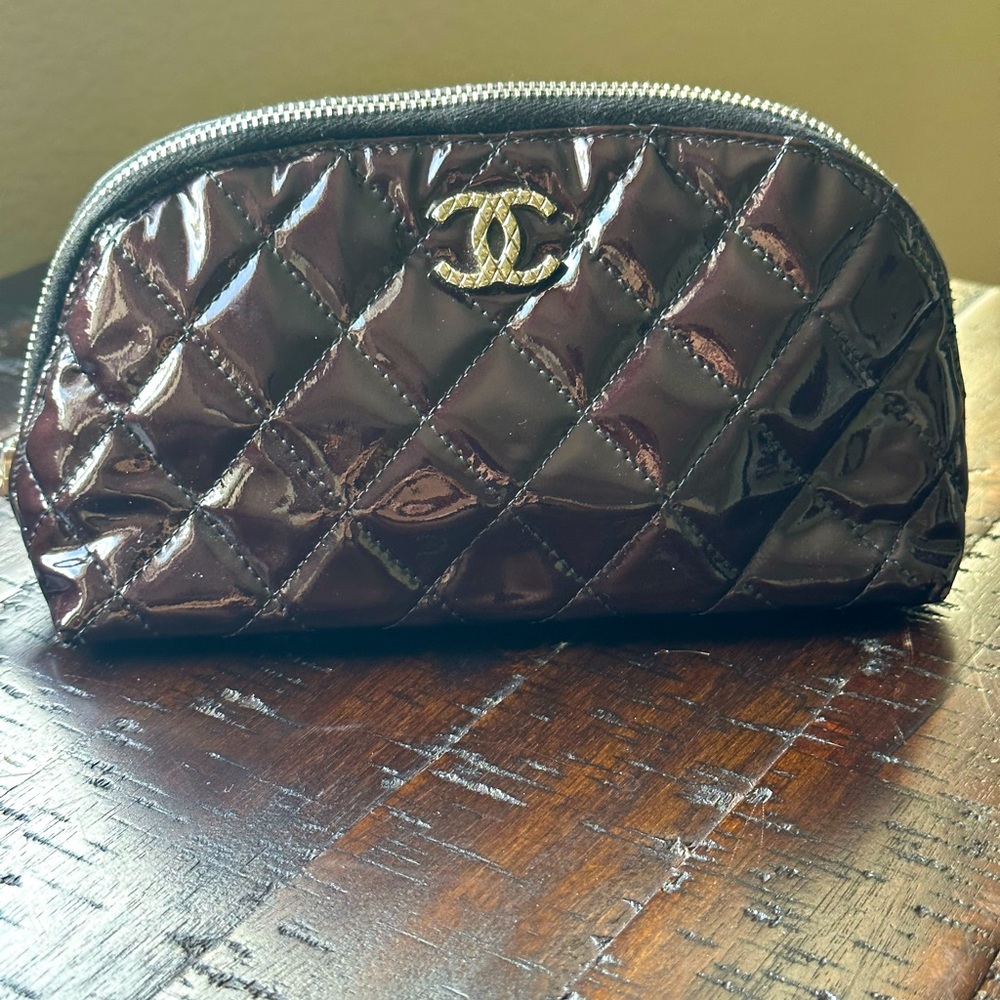 Authentic Chanel eggplant Patent leather makeup pouch